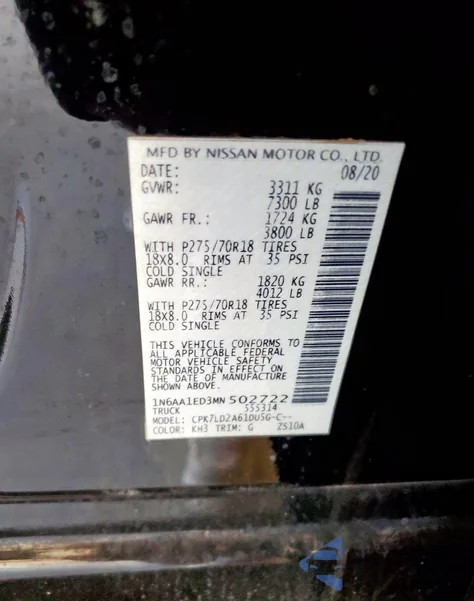 2021 Nissan Titan Sv из США, поврежденный, VIN 1N6AA1ED3MN502722